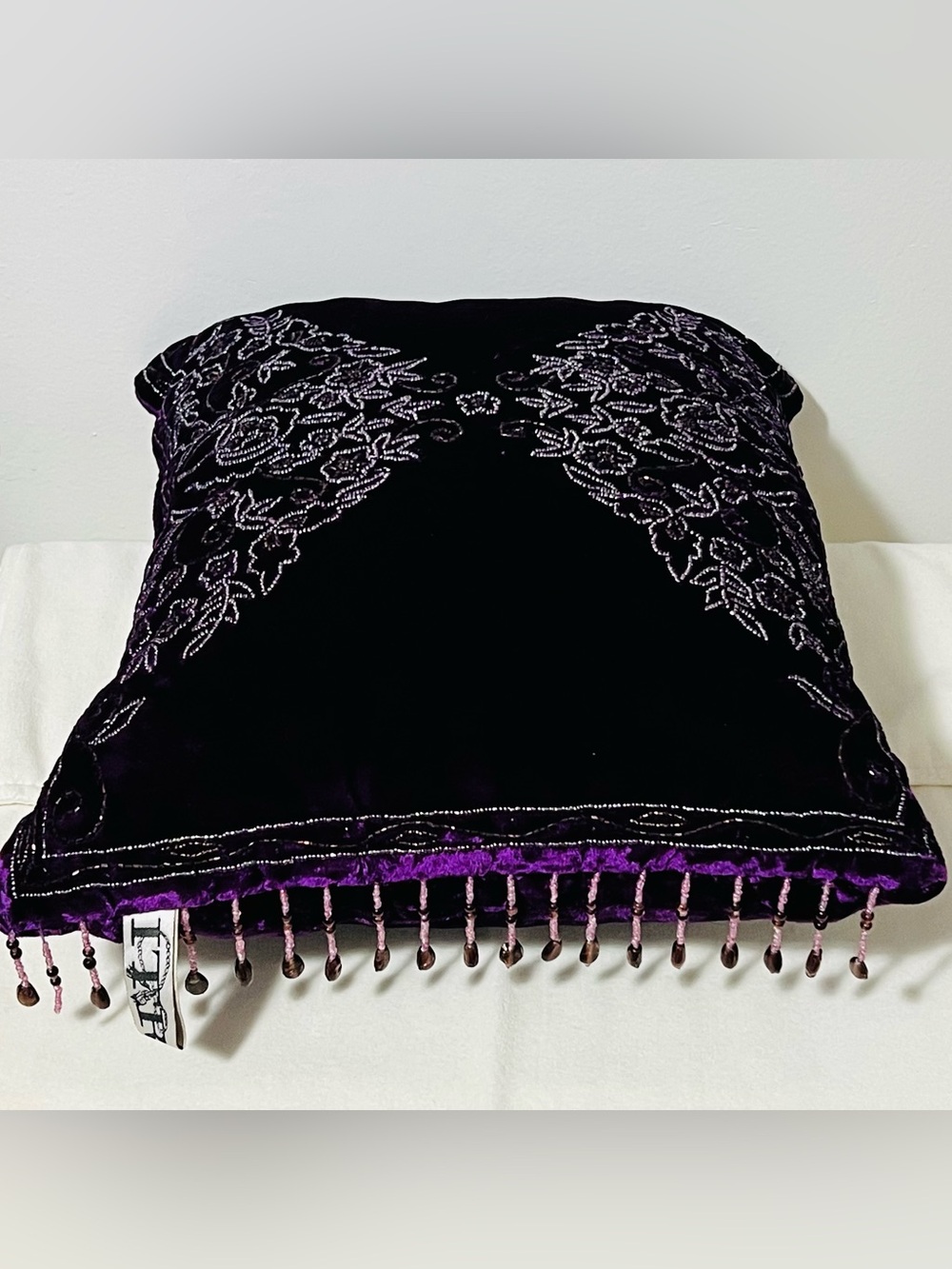 Embroidered beaded Velvet Decorative Pillow - Purple - Picture 10 of 11